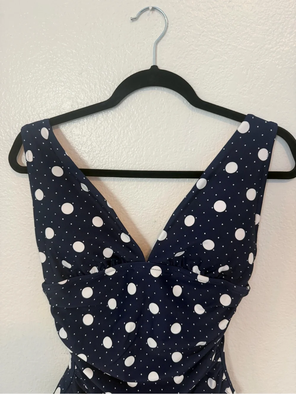 NWT J.Crew Factory Ruched Plunge One-Piece Swimsuit Navy White Polka Dot M